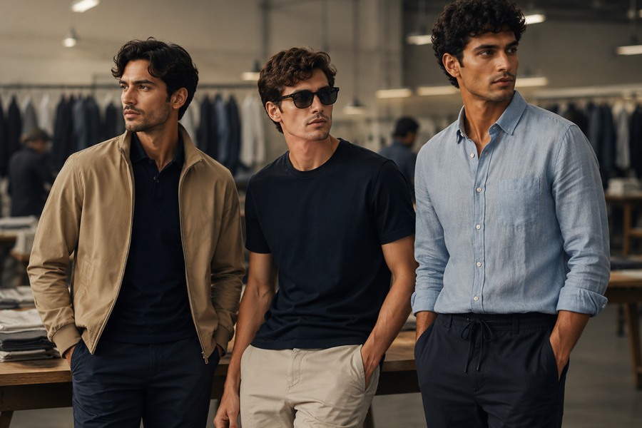 Men's apparel models in modern sourcing studio
